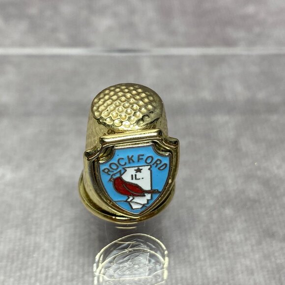 Gold-tone Souvenir Thimble With Rockford IL Cardinal Design Metal Shield - Picture 5 of 7